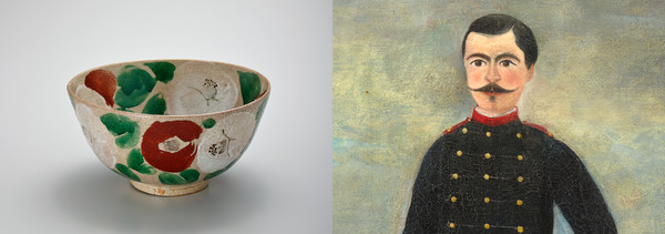 左（上）：北大路魯山人《椿文鉢》1940年頃　世田谷美術館蔵　撮影：上野則宏 （下）：アンリ・ルソー《フリュマンス・ビッシュの肖像》1893年頃 世田谷美術館蔵