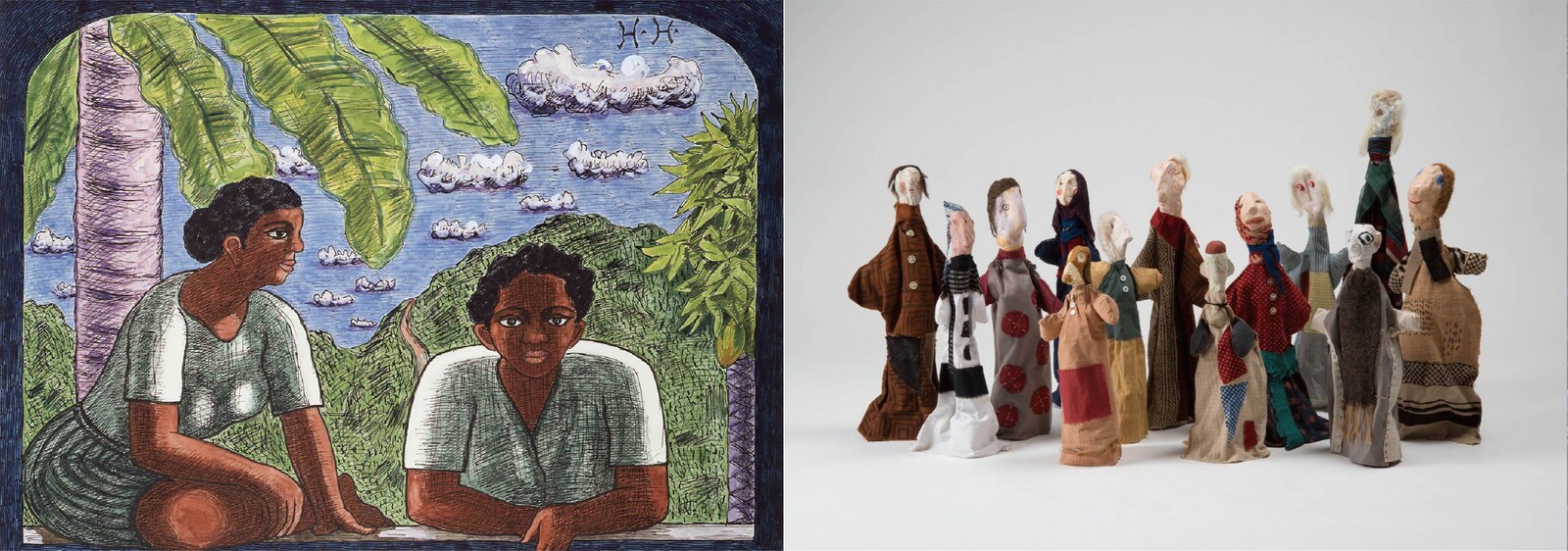 Left(Top): YUNOKI Samiro, <span class="italic">Townspeople</span> 2004 Collection of Setagaya Art Museum　Photo: UENO Norihiro　Right(Bottome): HIJIKATA Hisakatsu,  <span class="italic">Beautiful Day</span> 1970 Collection of Setagaya Art Museum